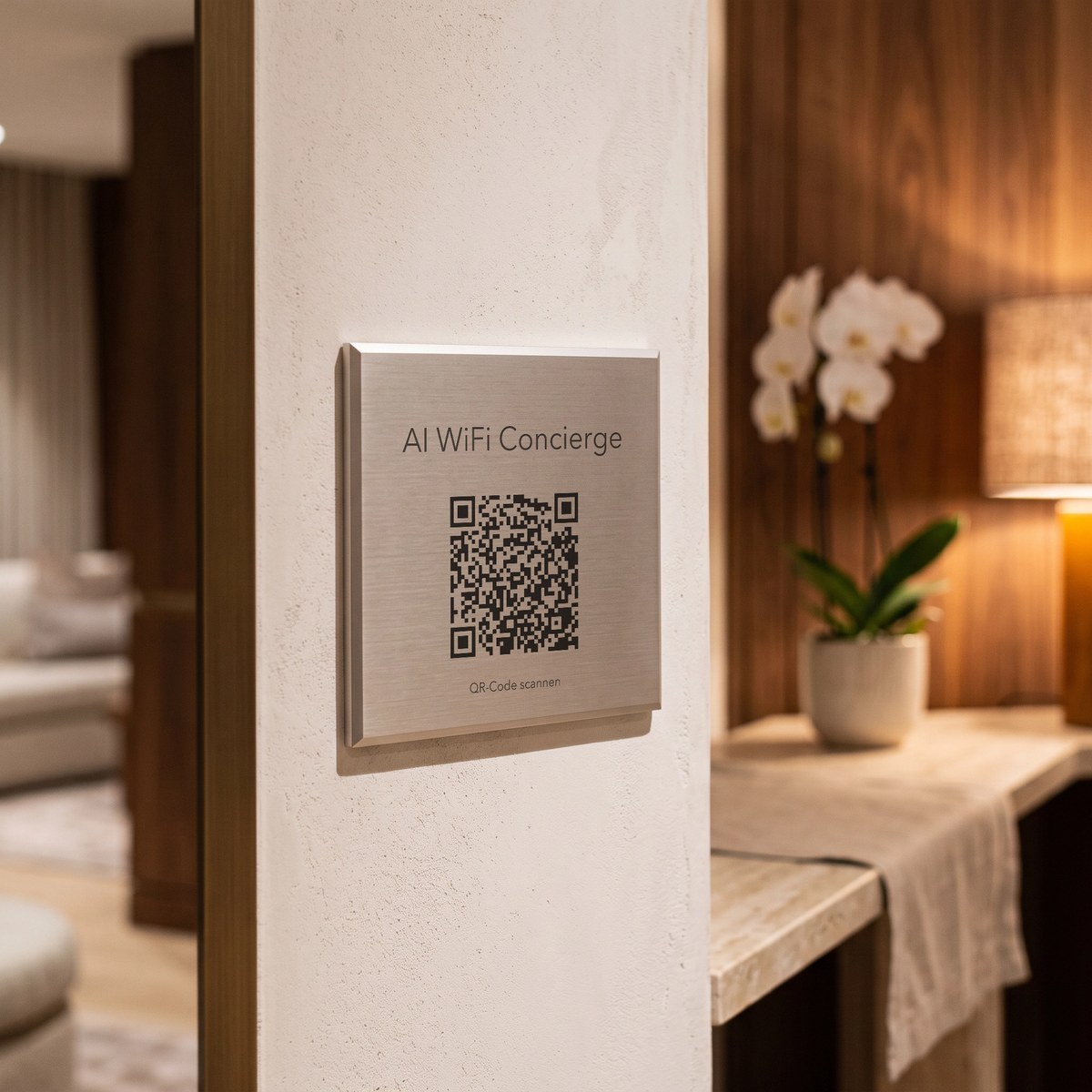 Schild „AI WiFi Concierge“ aus Aluminium im Eingangsbereich eines Luxushotels