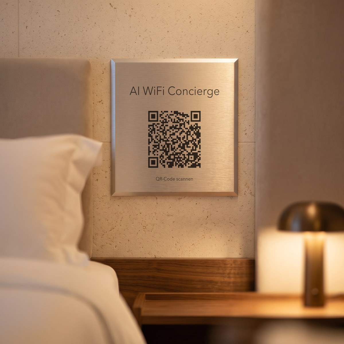 Schild „AI WiFi Concierge“ aus Aluminium in der Suite am Abend eines Luxushotels
