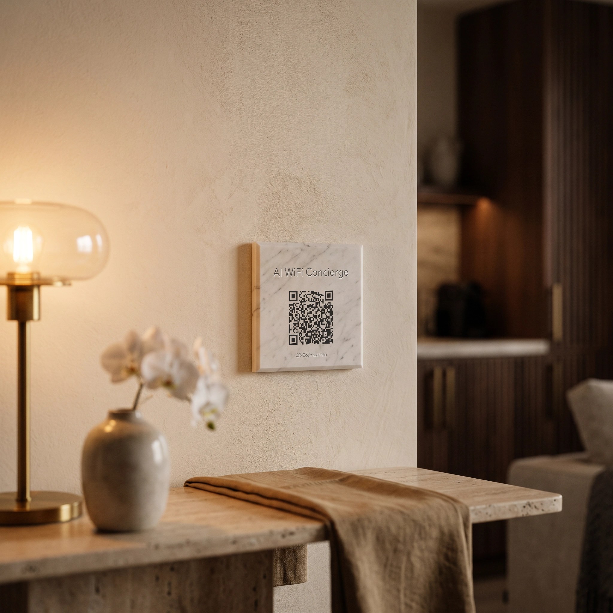 Schild „AI WiFi Concierge“ aus Marmor im Eingangsbereich eines Luxushotels
