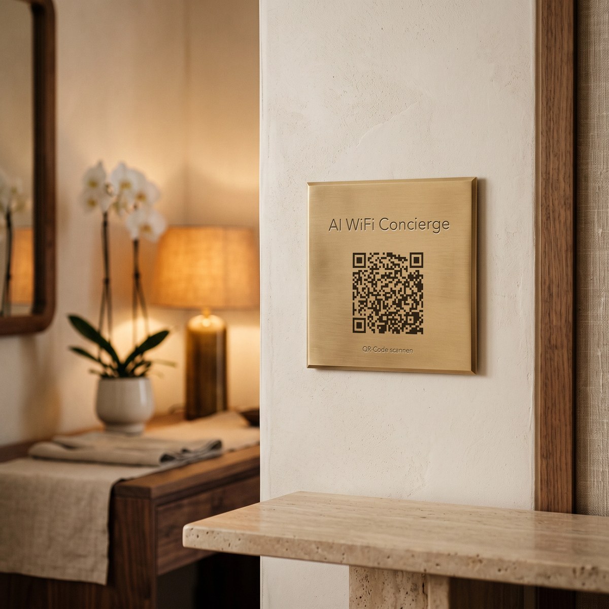 Schild „AI WiFi Concierge“ aus Messing im Eingangsbereich eines Luxushotels