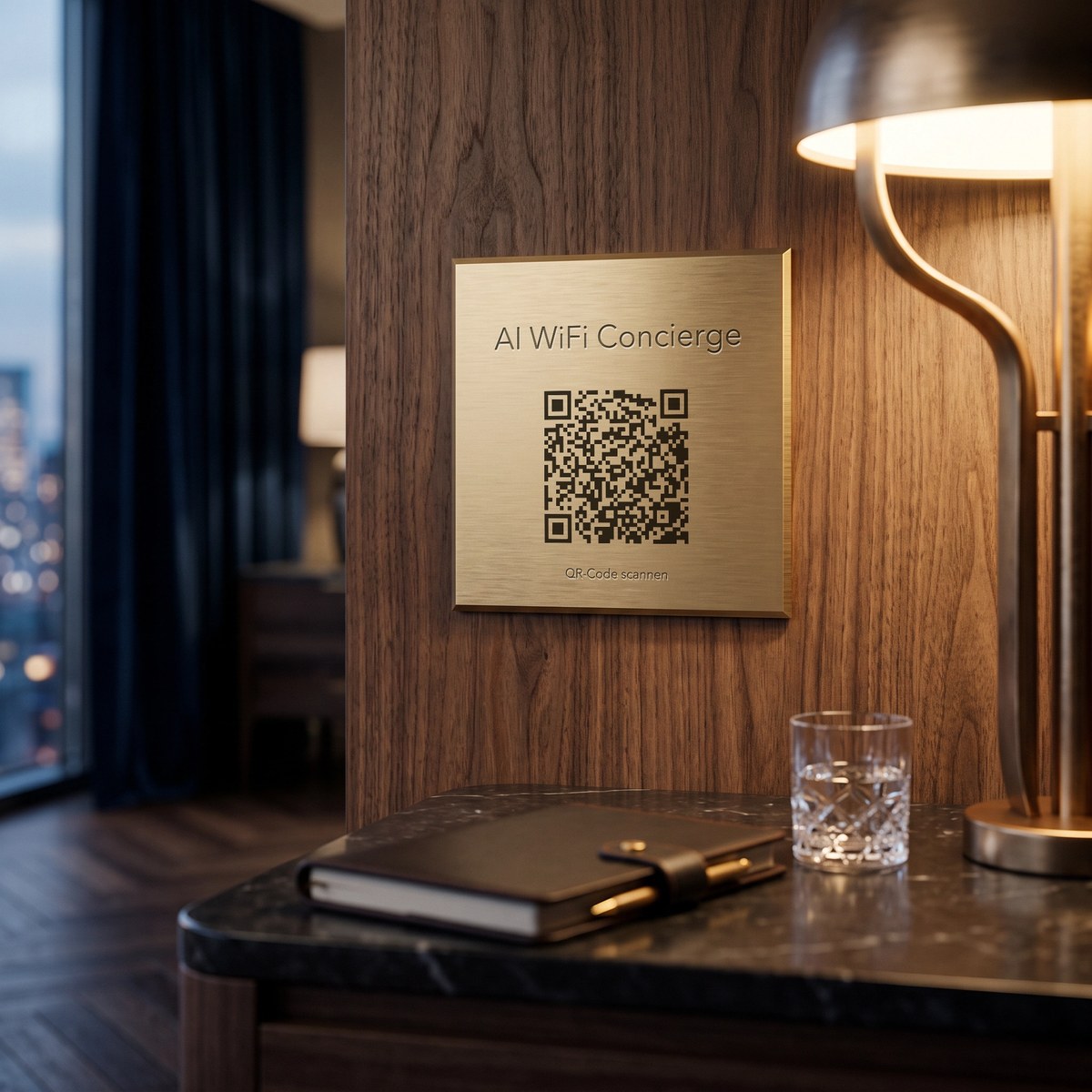 Schild „AI WiFi Concierge“ aus Messing im Salon der Suite eines Luxushotels