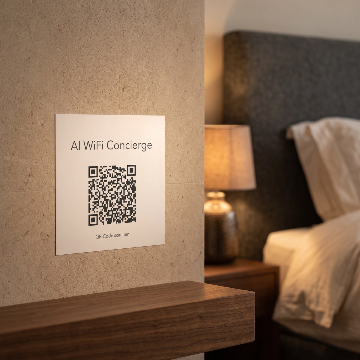 Schild „AI WiFi Concierge“ aus Sticker in der Suite am Abend eines Luxushotels